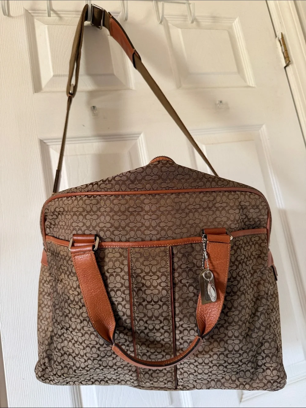 Large Coach Signature Canvas Briefcase with Tan Leather Trim